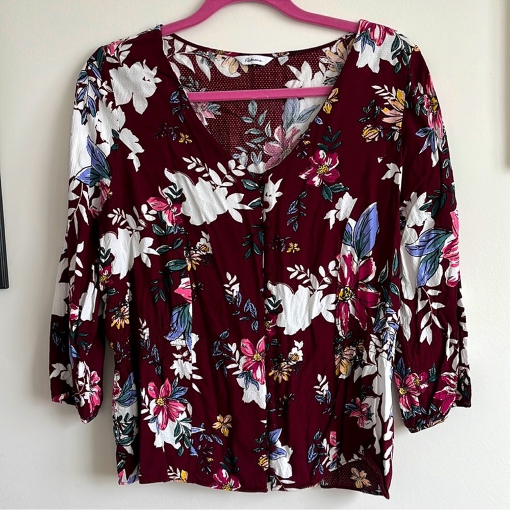 Reitmans Floral Burgundy Peplum 3/4 Sleeve Blouse Size XXL